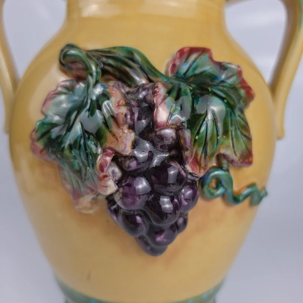 Pacific Rim Ceramic Amphora Vase Grape Leaf Relief Yellow Green Two Handle Large